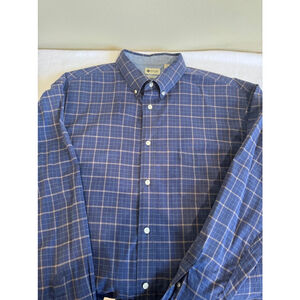 Men's Haggar stretch Shirt, XXL, Blue Plaid button down front pocket GUC